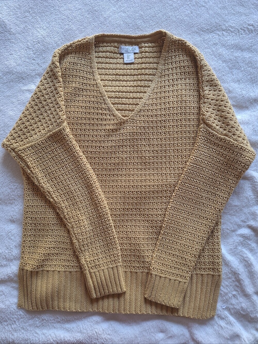 Rachel Zoe Cable Knit V-Neck Sweater Size S Mustard Yellow
